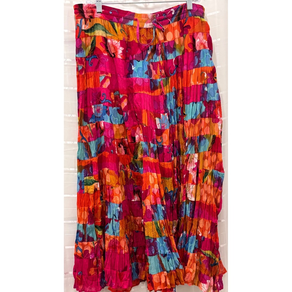 Phool Womens XL Multi Color Floral Tiered Crinkle Cotton Maxi Skirt Boho NWT